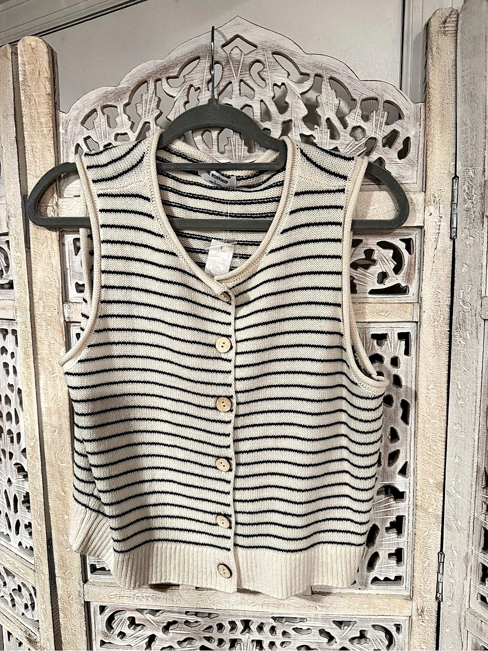 The Workshop Striped V-Neck Sweater Vest in Cream & Black NWT
